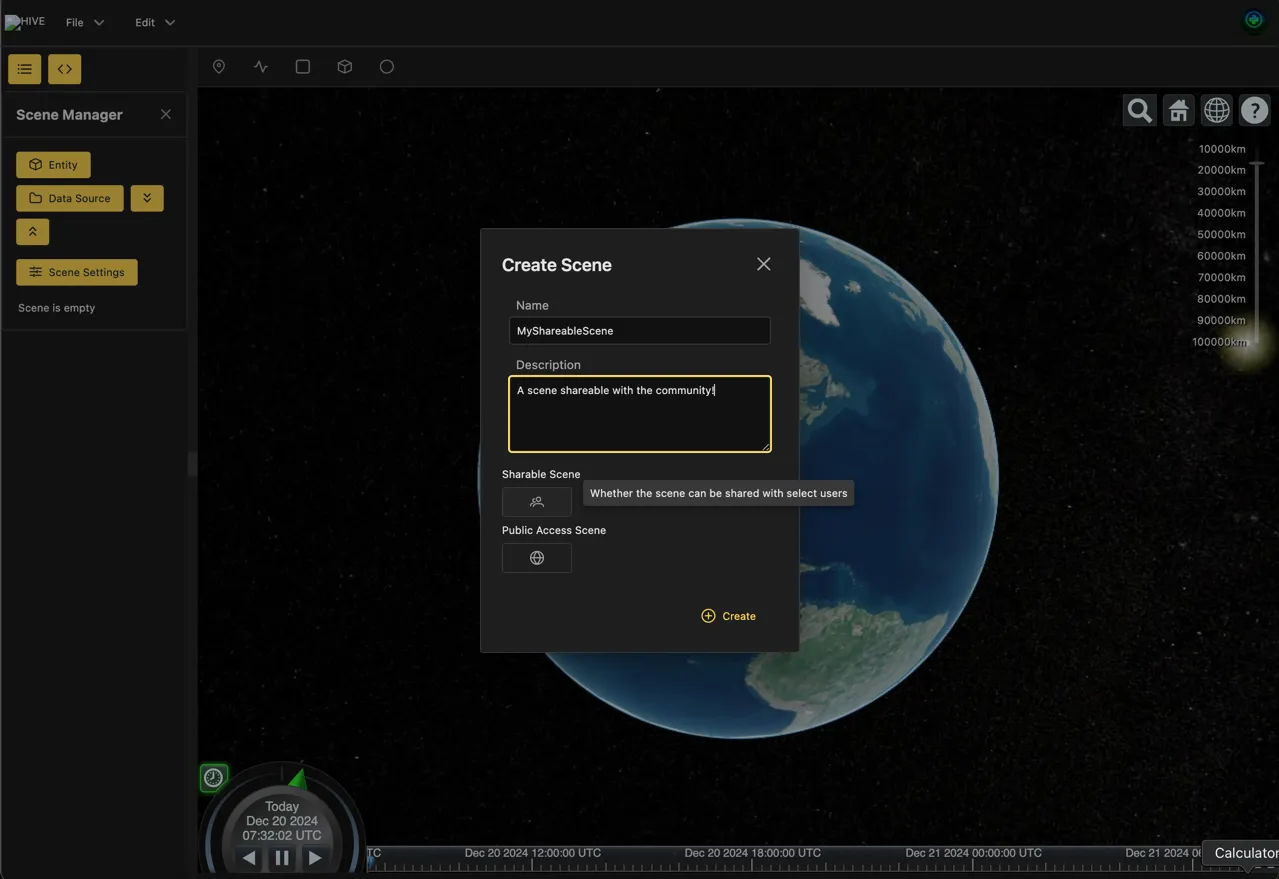 Main page displaying the scene share and public access buttons in the scene create