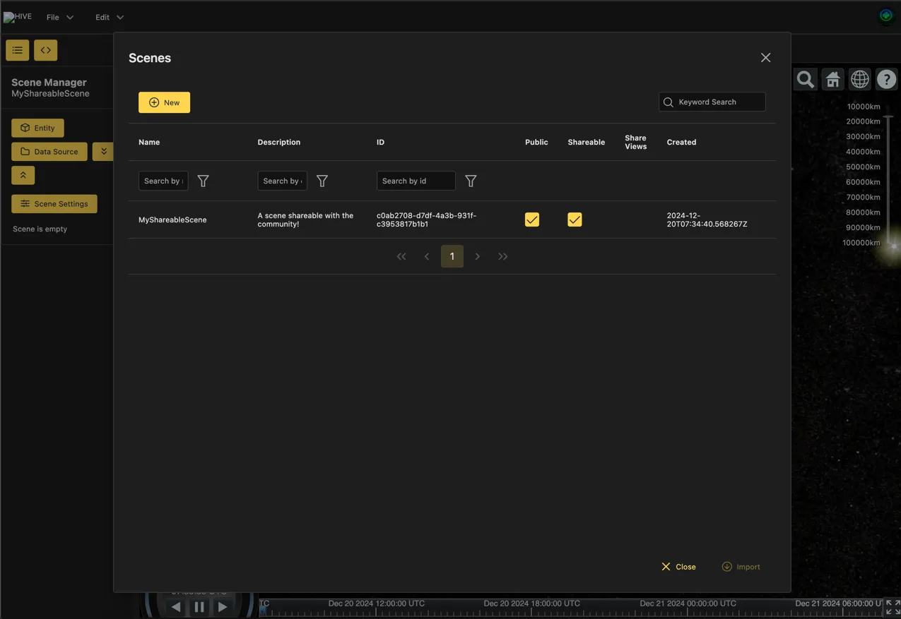 Main page displaying the scene share and public access buttons in the scene dialog