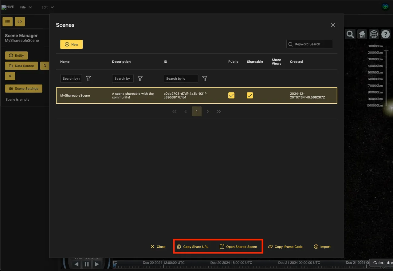 Main page displaying the scene share and public access buttons in the scene dialog